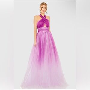 Mac Duggal Purple Tulle Ombré Cross Front Halter Gown #20554